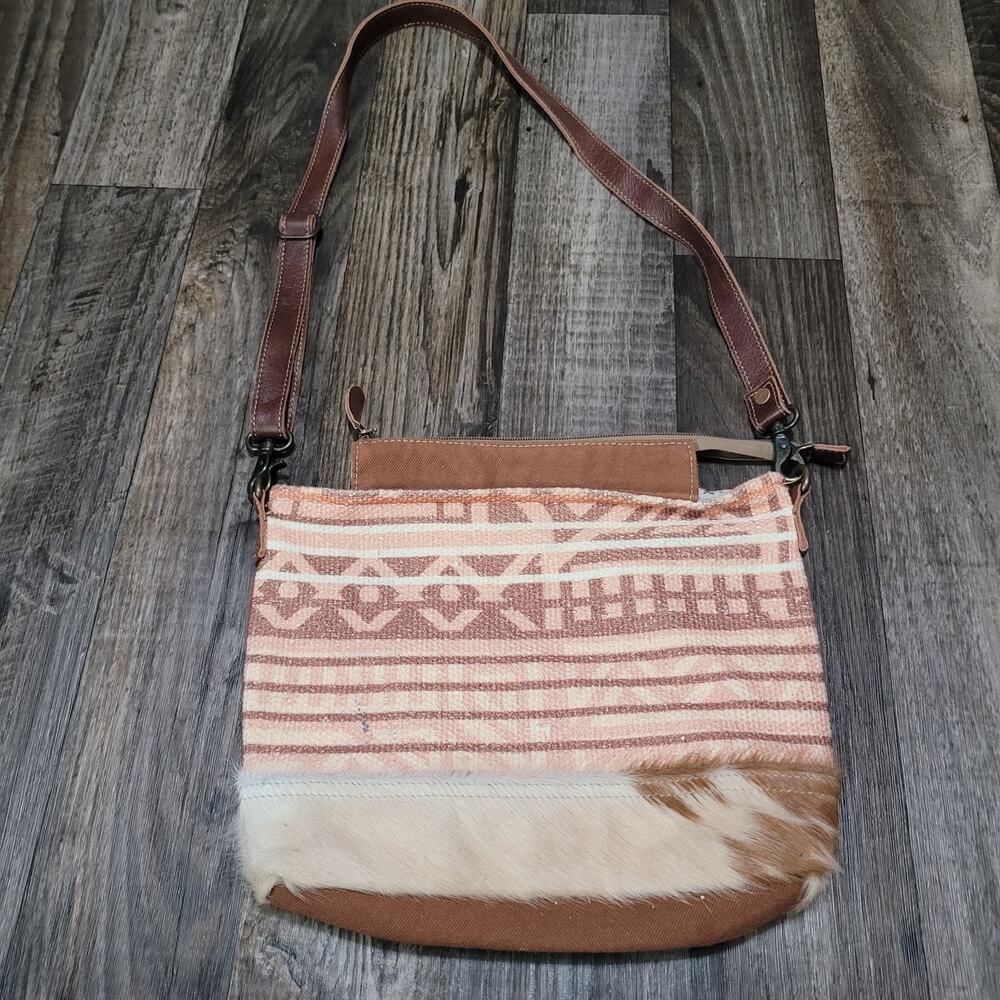Myra Bag Canvas Cow Hair Purse Bag Leather Strap Southwest Design
